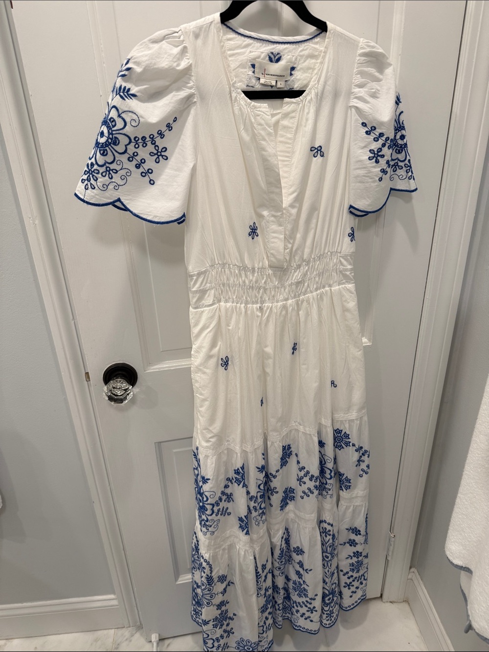 Anthropologie White Maxi Dress with Blue Floral Embroidery